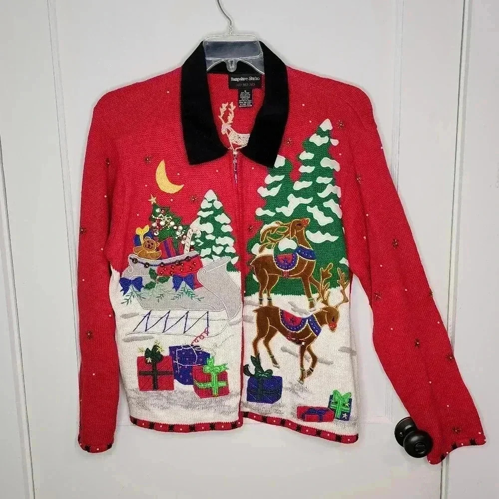 Hampshire Studio Sweater Medium Red Full Zip Embroidered Christmas Sleigh Deer